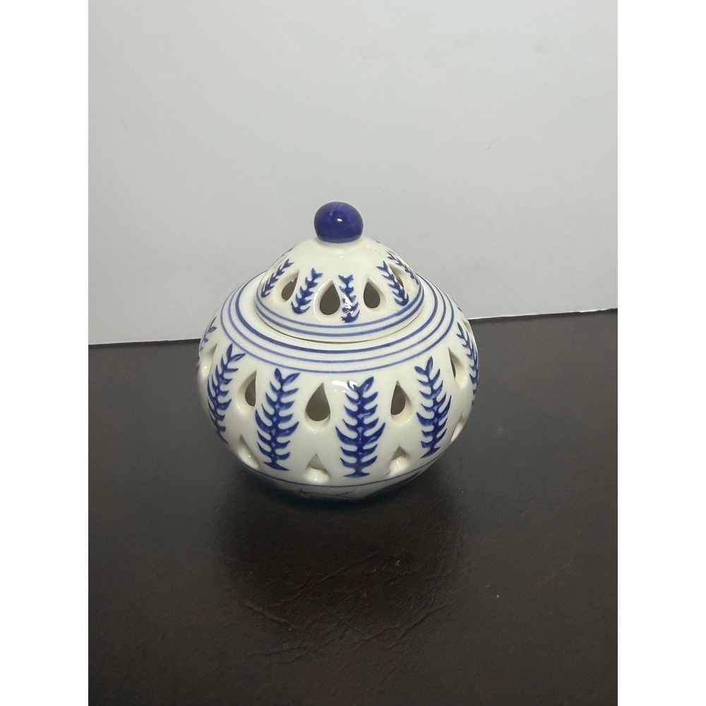 Blue and White Ceramic Potpourri Jar with Lid Cutout Floral Ginger Jar 4 Inch